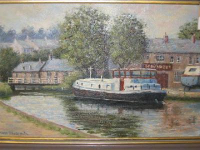 Appraisal: TREVOR SHOESMITH Canal Scene with Barge signed on board x