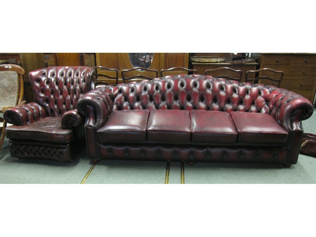 Appraisal: Lot comprising burgundy leather upholstered humpback Chesterfield settee and a