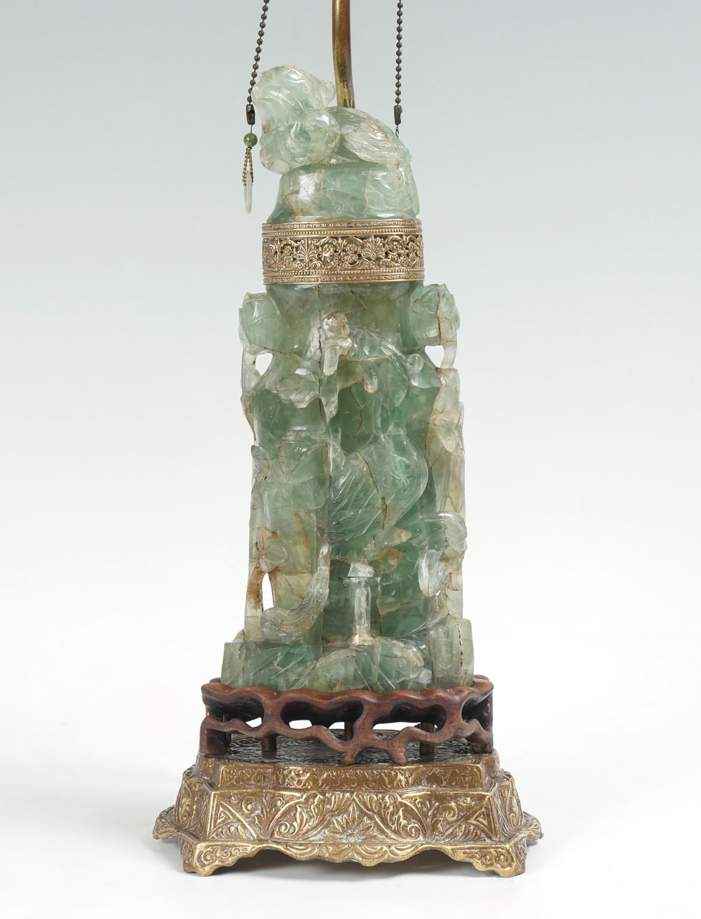 Appraisal: CARVED CHINESE FLUORITE LAMP Carved pierced Chinese Fluorite lamp having