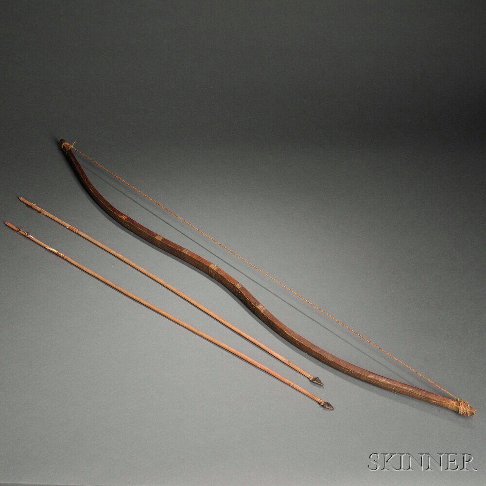 Appraisal: Plains Sinew-backed Bow and Two Arrows with Obsidian Points c