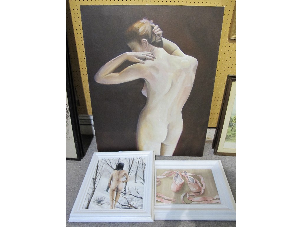 Appraisal: JIM WALKER Lot comprising three oils on canvas 'Wood Nymph'