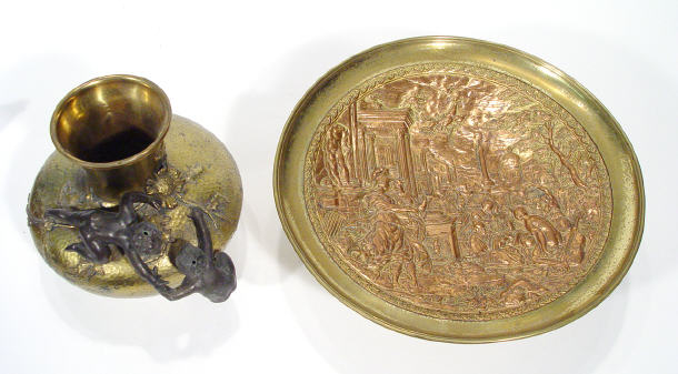 Appraisal: Brass and copper tazza embossed with a panel of Roman