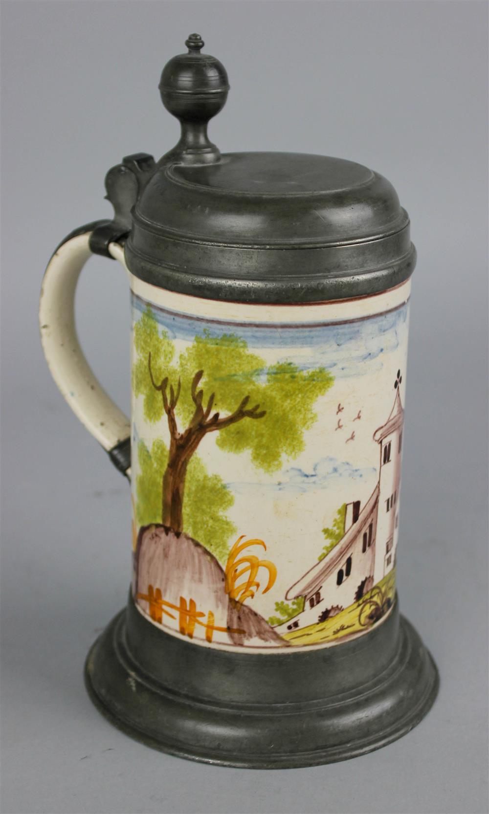 Appraisal: GERMAN PEWTER MOUNTED MAGDEBURG FAIENCE STEIN circa - decorated with