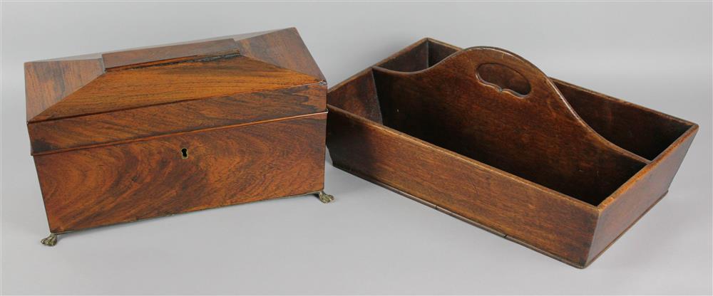 Appraisal: REGENCY ROSEWOOD TEA CADDY AND A MAHOGANY CUTLERY BOX EARLY