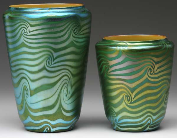 Appraisal: DURAND Two tapered vases with green King Tut decoration on