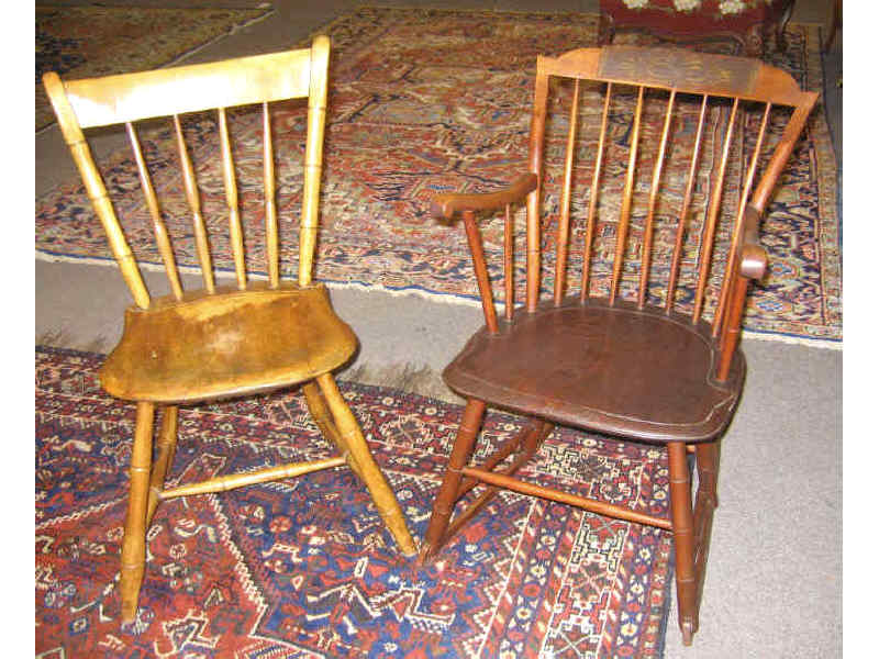 Appraisal: TWO AMERICAN th CENTURY PLANK SEAT CHAIRS Step down fancy