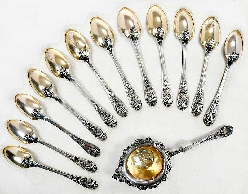 Appraisal: Cased French Silver Spoons and Tea Strainer French th century