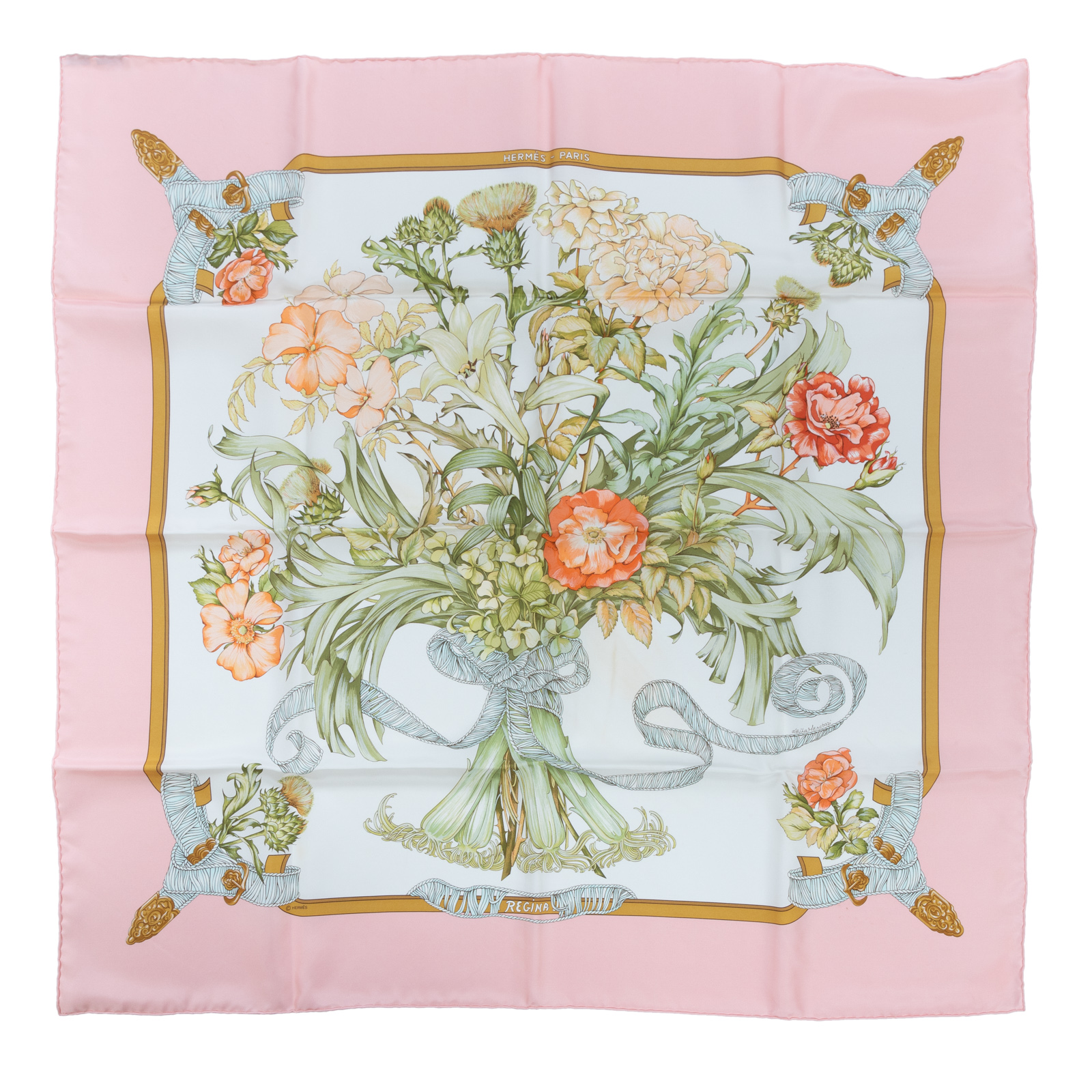 Appraisal: AN HERMES REGINA SCARF Pink and multicolor Hermes cm silk