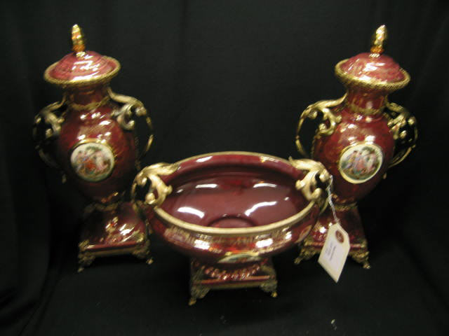 Appraisal: pc Pottery Console Set centerpiece bowl and pair of urns