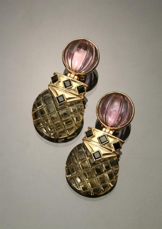 Appraisal: Pair of -Karat Yellow-Gold Amethyst Pink Tourmaline and Citrine French