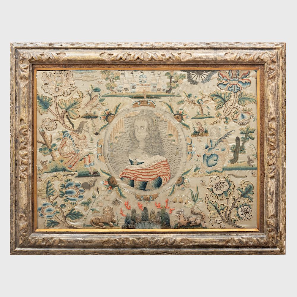 Appraisal: Fine William and Mary Embroidered Figural Panel Centered by an