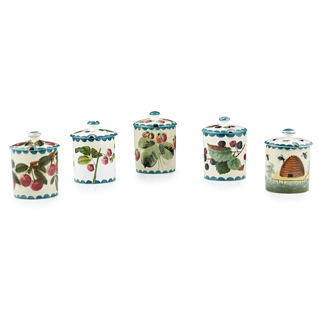 Appraisal: A GROUP OF WEMYSS WARE PRESERVE JARS COVERS VARIOUS PATTERNS