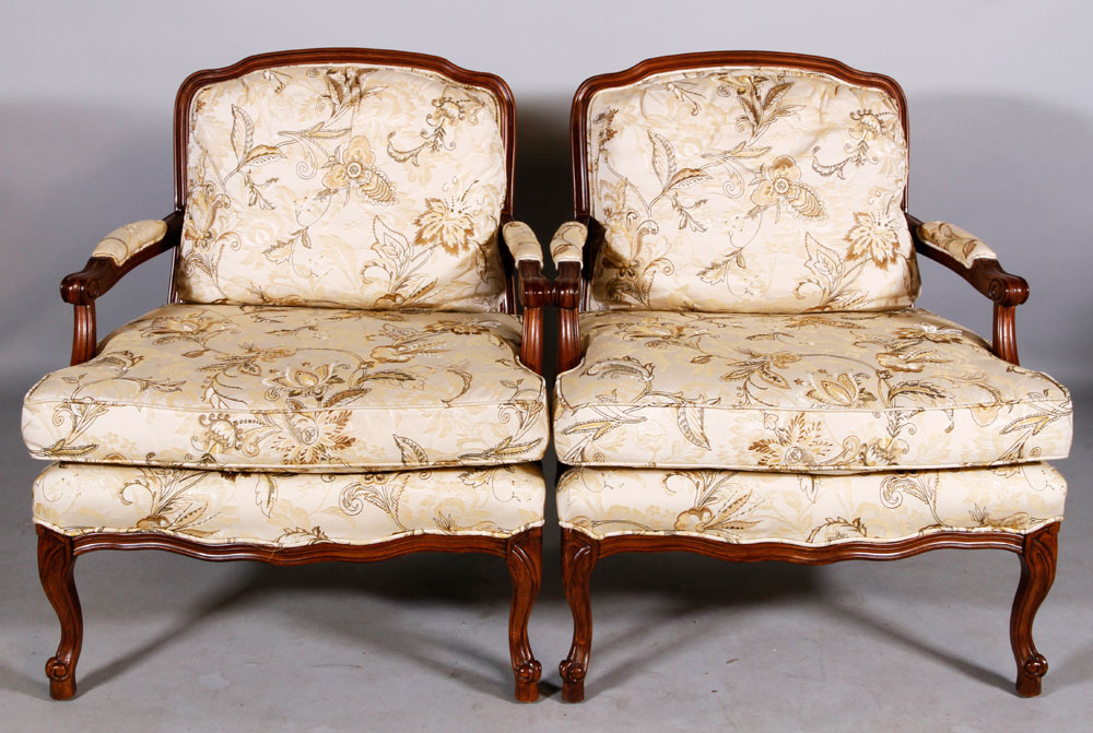 Appraisal: - Pair European Upholstered Armchairs Pair of European upholstered armchairs