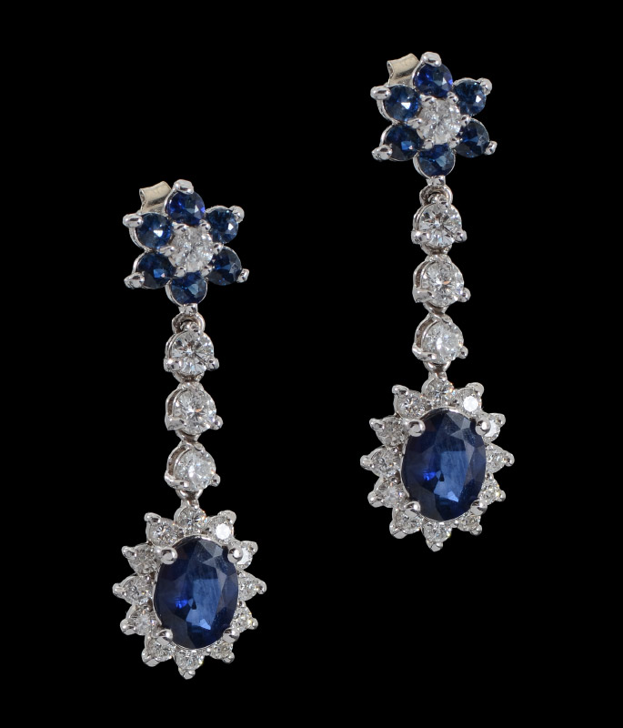 Appraisal: SAPPHIRE DIAMOND DROP EARRINGS k white gold earrings with blue