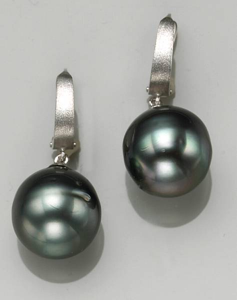 Appraisal: A pair of Tahitian cultured pearl and k white gold