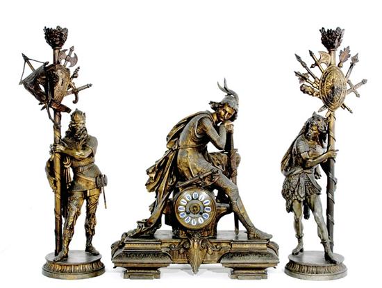 Appraisal: French three-piece figural metal clock garniture Japy Freres Paris circa