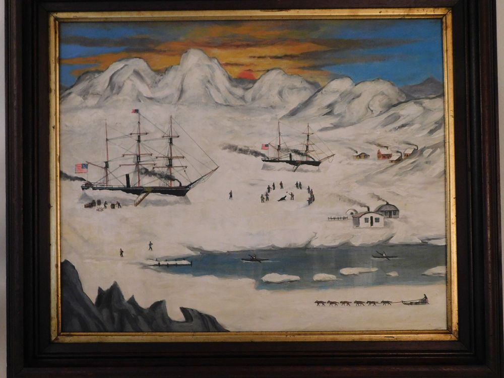 Appraisal: ARCTIC WHALING SCENE PAINTING Unsigned oil painting on board depicting