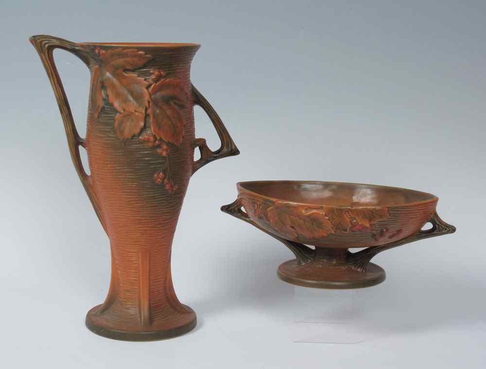 Appraisal: ROSEVILLE BUSHBERRY VASE AND PLANTER Brown the '' vase is