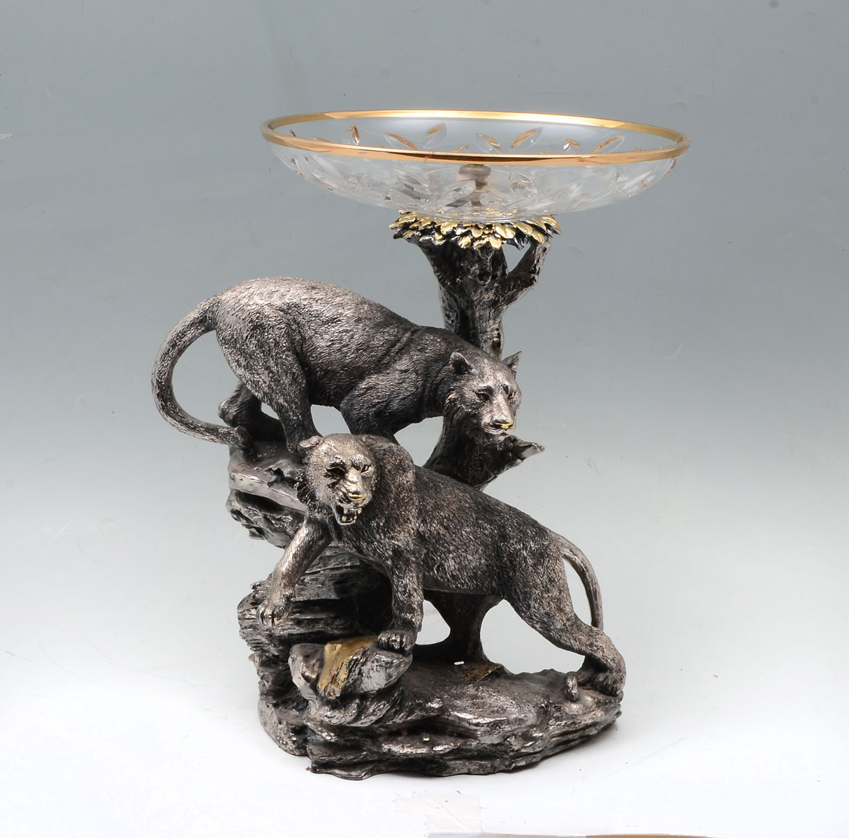 Appraisal: SILVER CLAD LION COMPOTE Large Silver clad compote having mountain