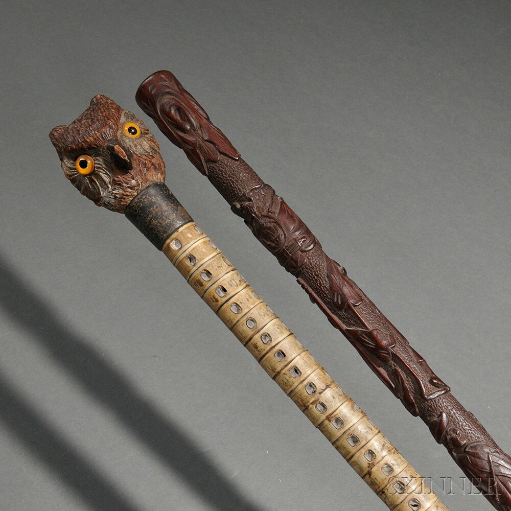 Appraisal: Two Canes th century the first with carved owl head