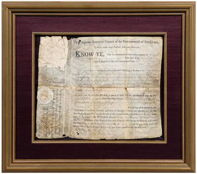 Appraisal: Benjamin Franklin signed document partially printed land grant on parchment