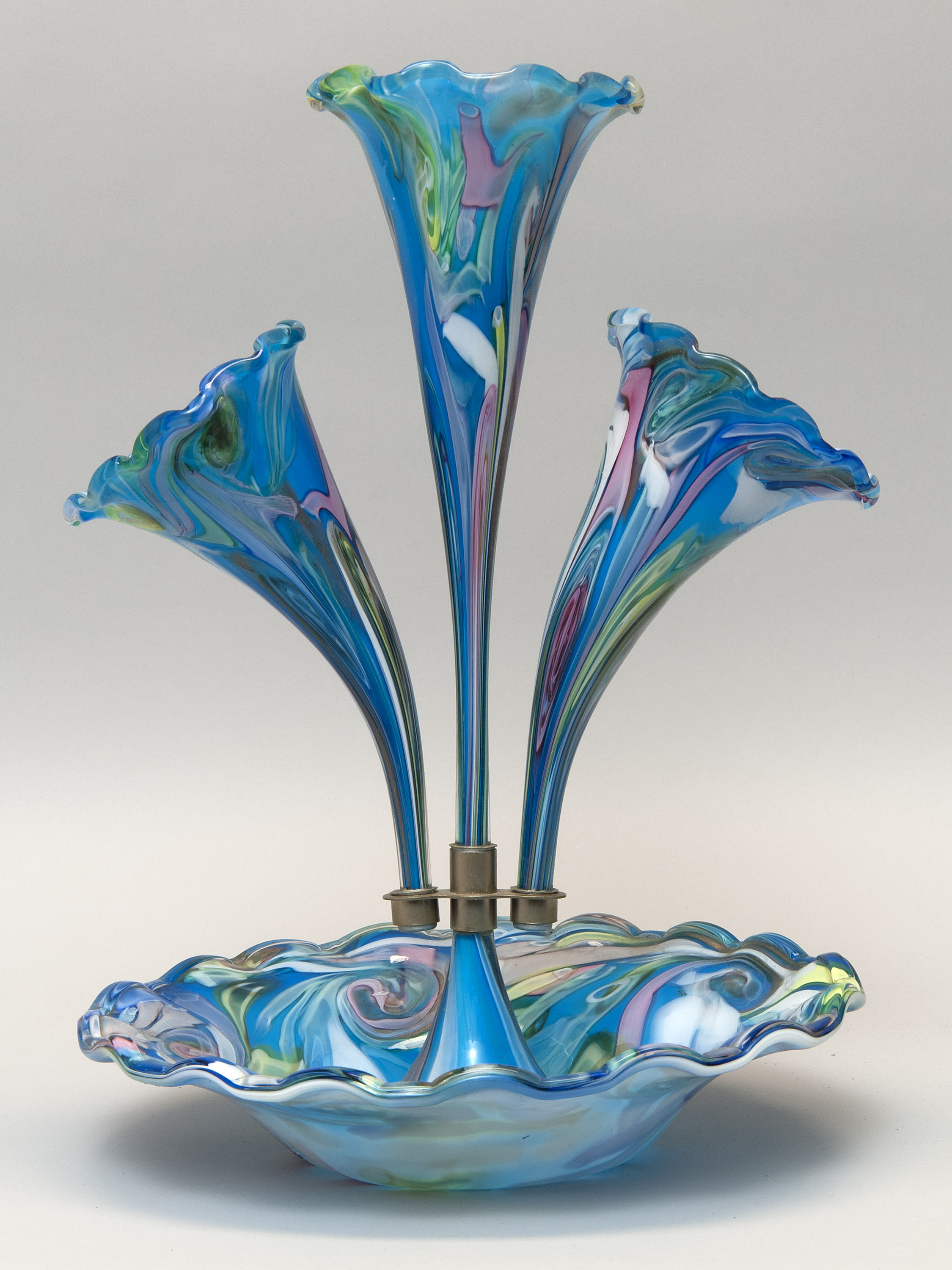 Appraisal: ART GLASS EPERGNE Late th Early th CenturyThree removable trumpet-from