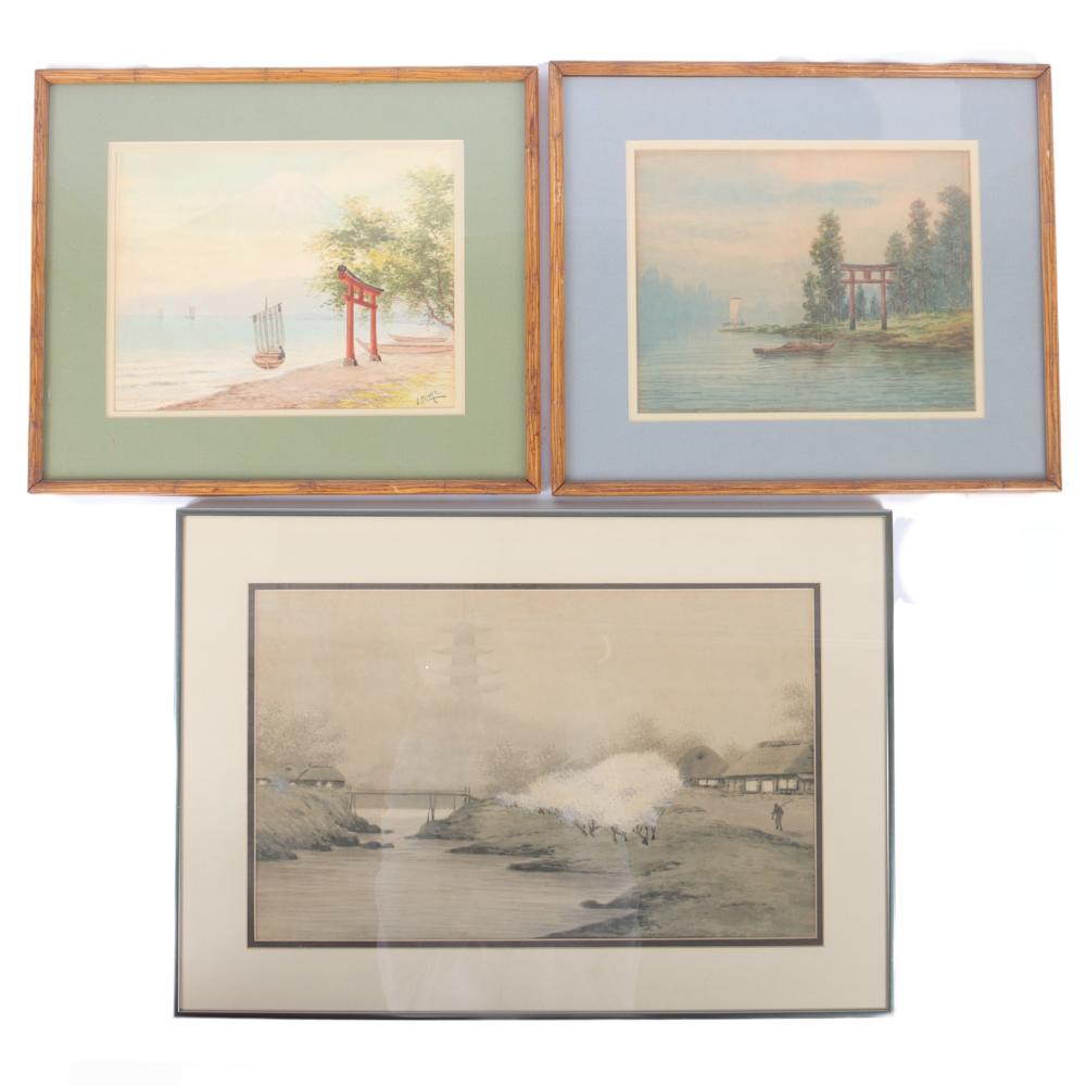 Appraisal: THREE ORIGINAL JAPANESE WATERCOLOR AND INK WASH PAINTINGS ON PAPER