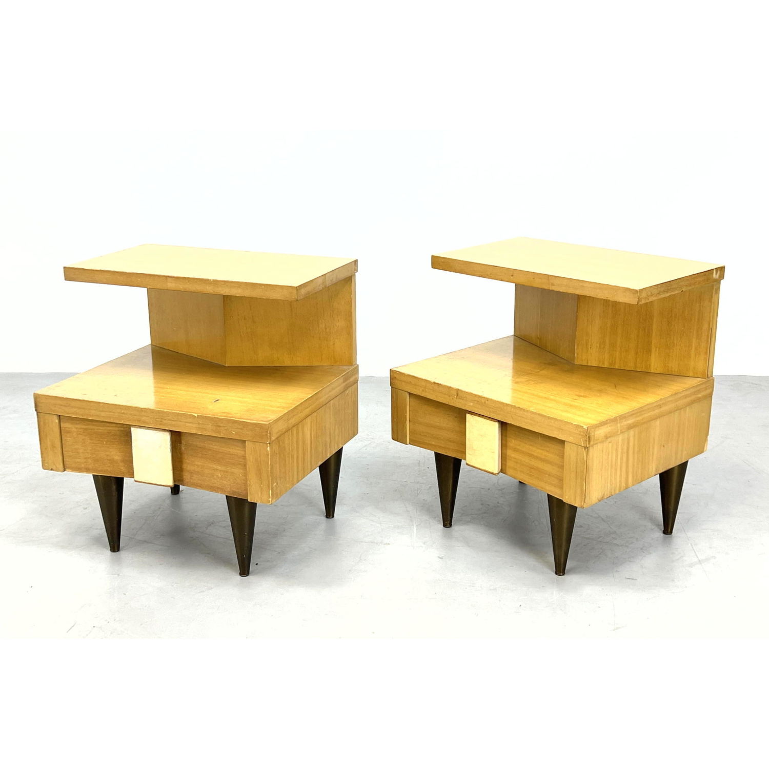 Appraisal: Pr Bi-Level Blond Modernist Night Stands Side Tables Dark Wood