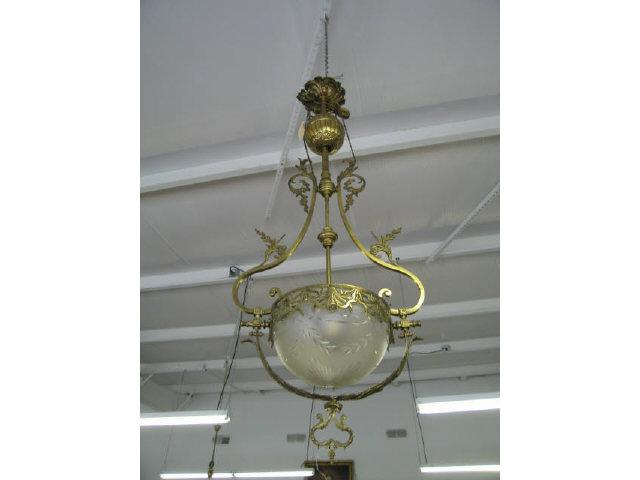 Appraisal: French Victorian Brass Chandelier cut and frosted globe originally oil