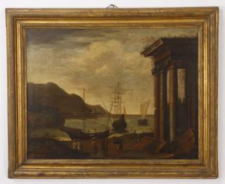 Appraisal: Mid th c port scene with classical ruins Mid th