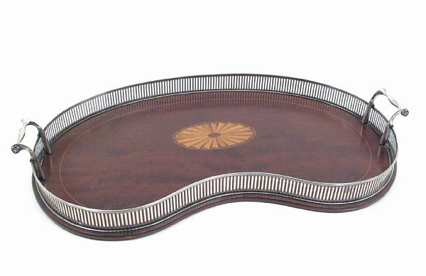 Appraisal: An inlaid mahogany kidney form tray with stering galleryGoodnow amp