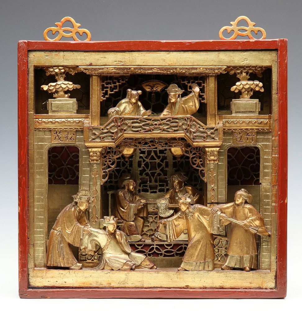 Appraisal: AN ELABORATE CARVED AND GILDED CHINESE STORY PANEL The diorama