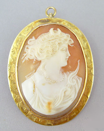 Appraisal: LARGE CARVED SHELL CAMEO PENDANT BROOCH Diana Roman goddess of