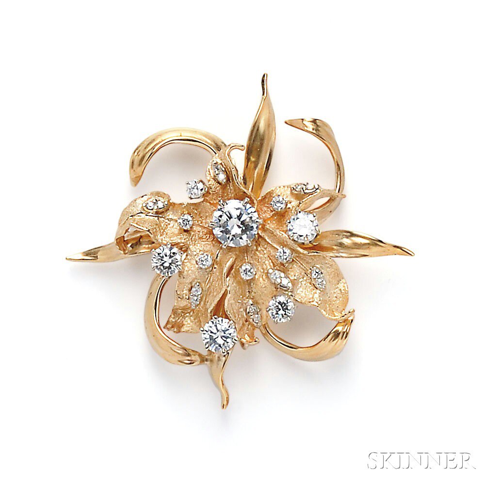 Appraisal: kt Gold and Diamond Flower Brooch set with full- and