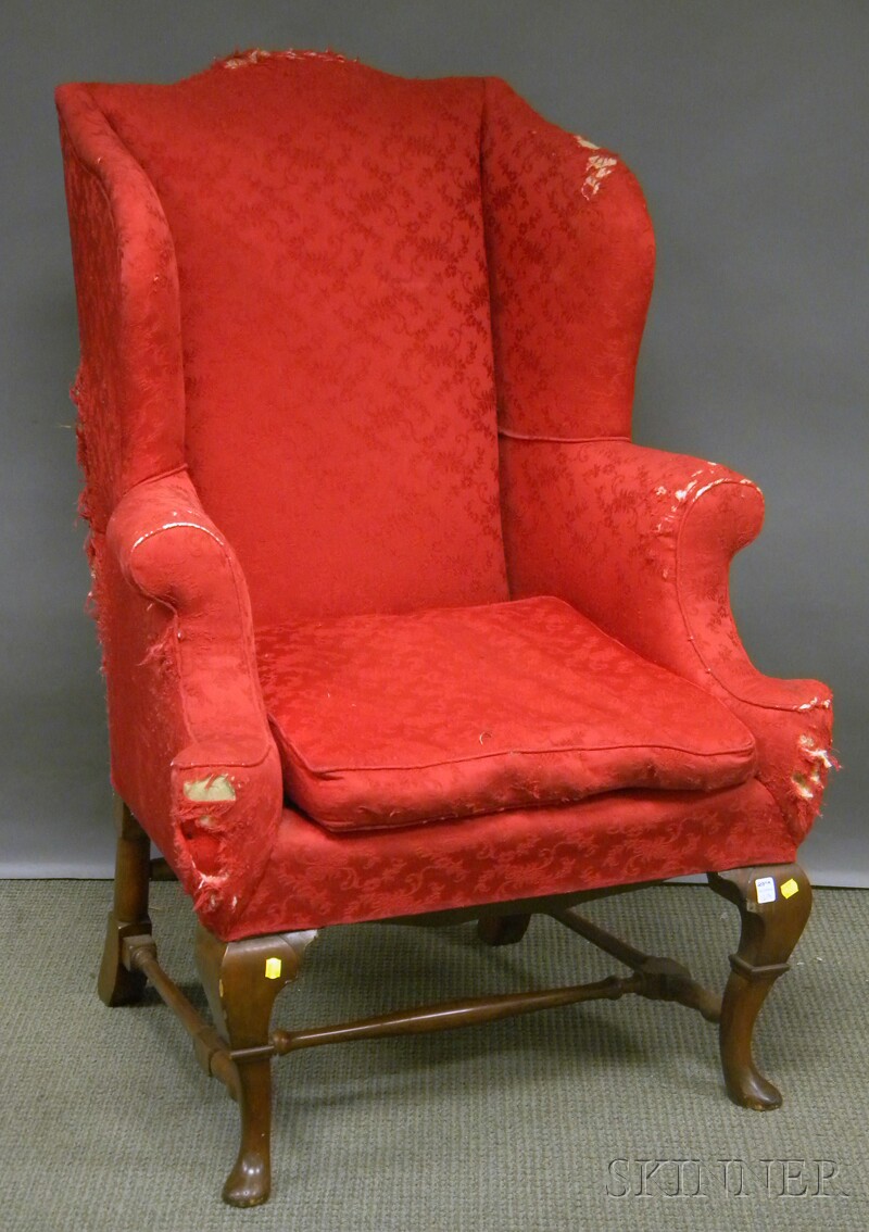 Appraisal: Queen Anne-style Upholstered Carved Walnut Wing Chair