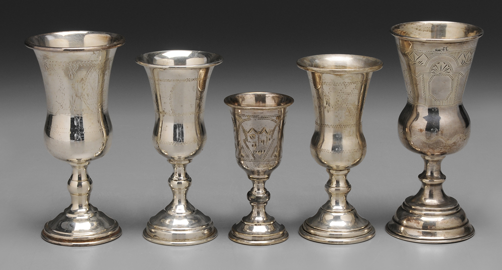 Appraisal: Five Judaica Silver Goblets two Russian one with marks for