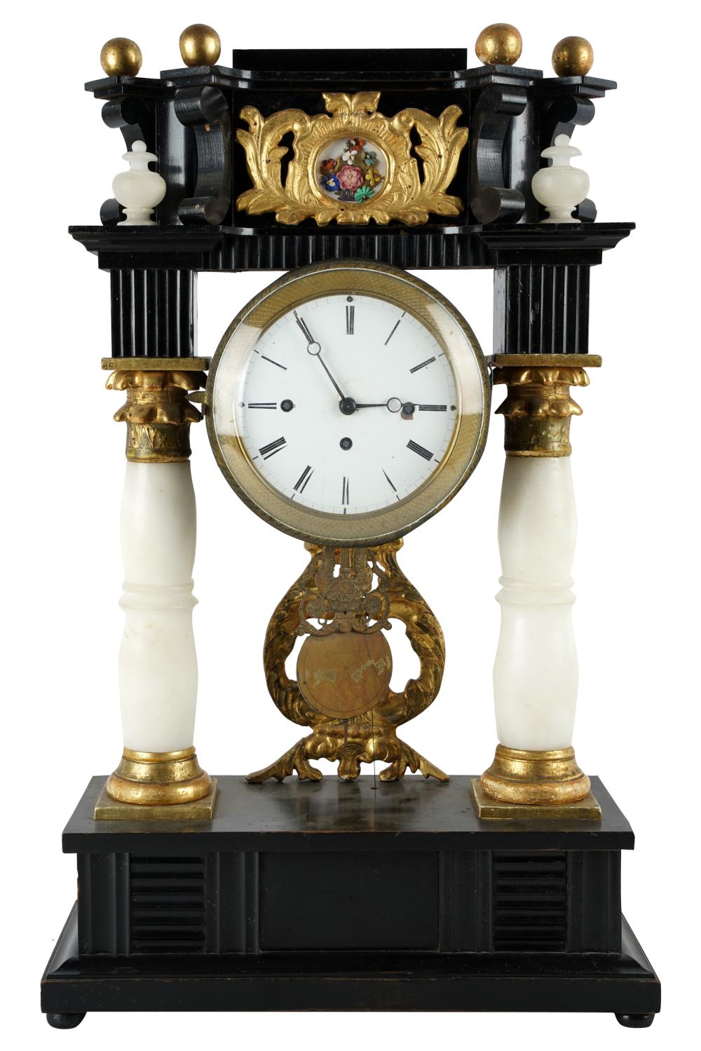 Appraisal: EMPIRE STYLE MANTEL CLOCKunsigned painted and gilt wood and alabaster