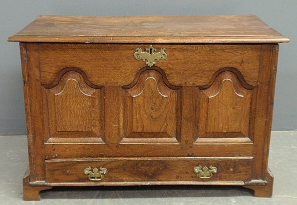 Appraisal: - Diminutive William Mary oak blanket chest with tombstone panel