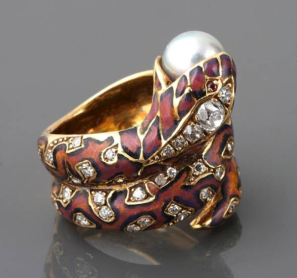 Appraisal: An enamel diamond cultured pearl and k gold snake ring