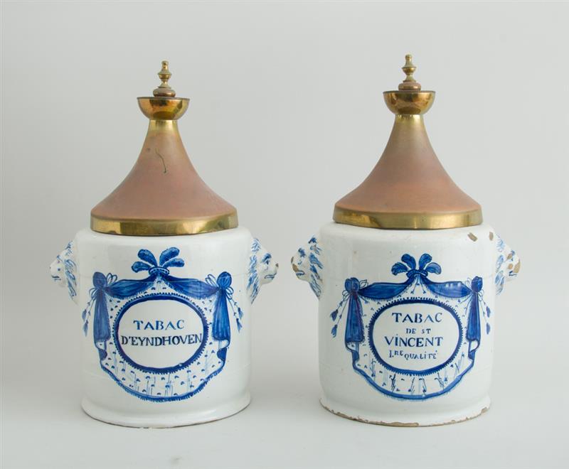 Appraisal: PAIR OF DUTCH DELFT BLUE AND WHITE TOBACCO JARS One