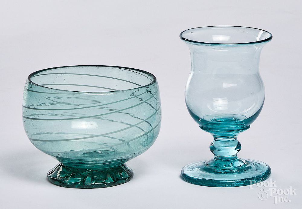 Appraisal: Blown aquamarine glass open sugar bowl etc Blown aquamarine glass