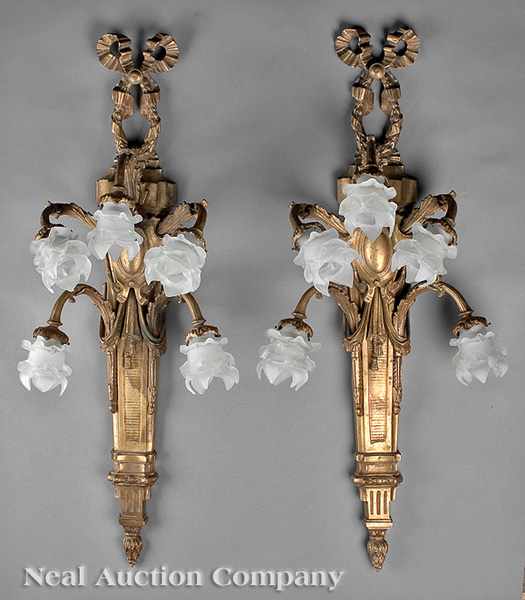 Appraisal: A Pair of Louis XVI-Style Gilt Bronze Five-Light Sconces backplate