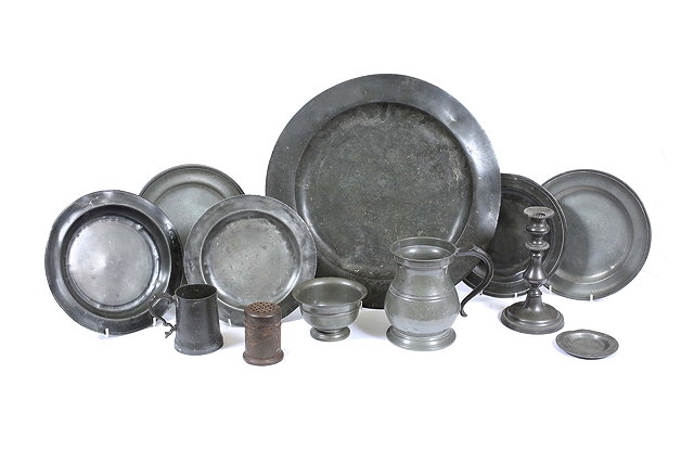 Appraisal: A COLLECTION OF ANTIQUE PEWTER ITEMS consisting of a circular