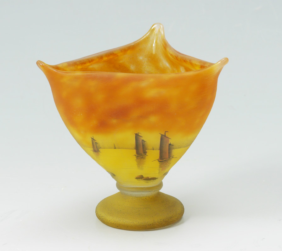 Appraisal: DAUM NANCY TRIANGULAR FOOTED VASE Triangular shaped top with flares