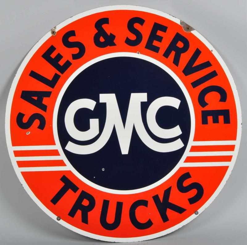 Appraisal: Porcelain GMC Sales Service Trucks -Sided Sign Description Beautiful condition