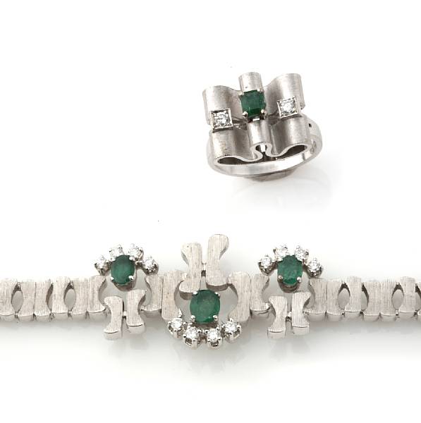 Appraisal: A collection of emerald diamond and white gold jewelry featuring