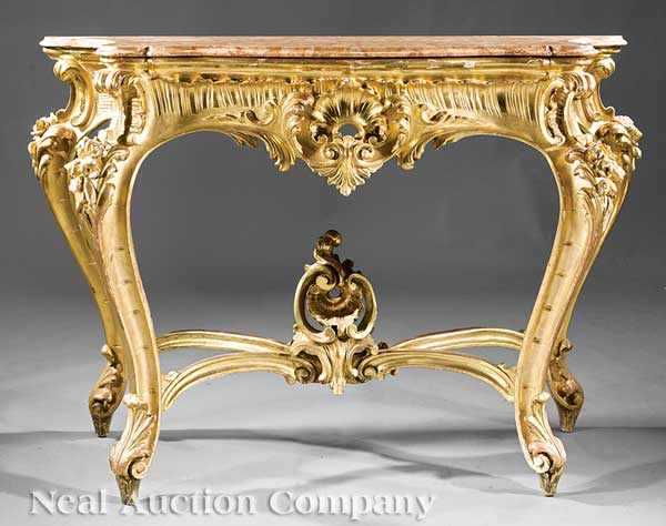 Appraisal: A Louis XV-Style Giltwood Console th c serpentine marble top