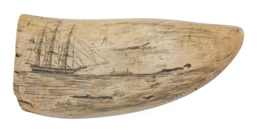 Appraisal: LARGE SCRIMSHAW WHALE'S TOOTH WITH MARITIME SCENES MID- TH CENTURY