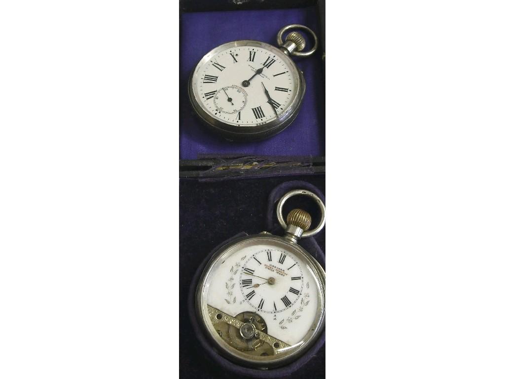 Appraisal: Swiss gunmetal alarm pocket watch mm also a gunmetal cylinder