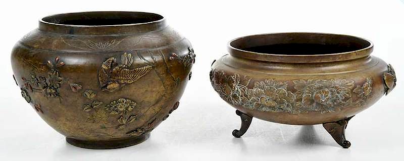 Appraisal: Two Asian Bronze Relief Decorated Cachepots th th century one